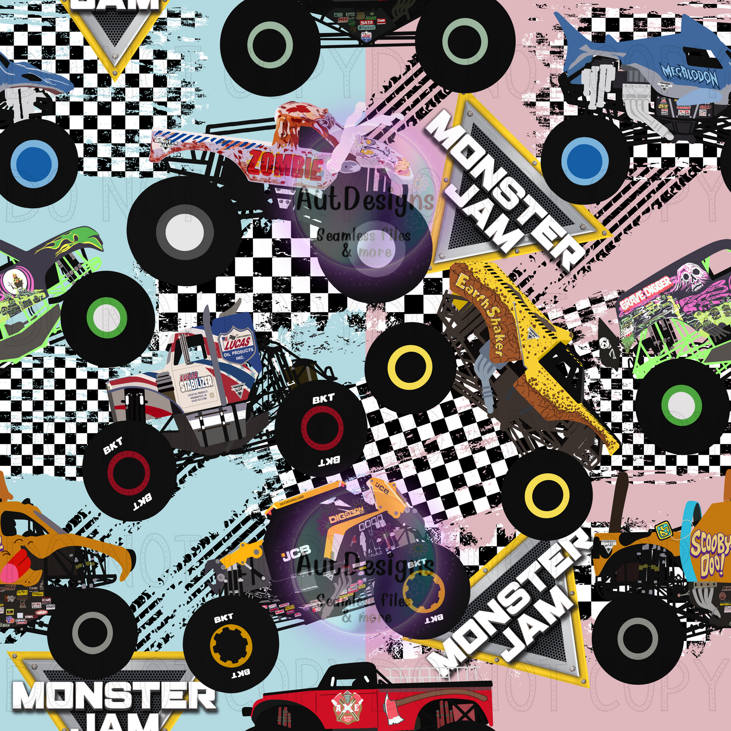 Monster Trucks Seamless File Multiple Colors