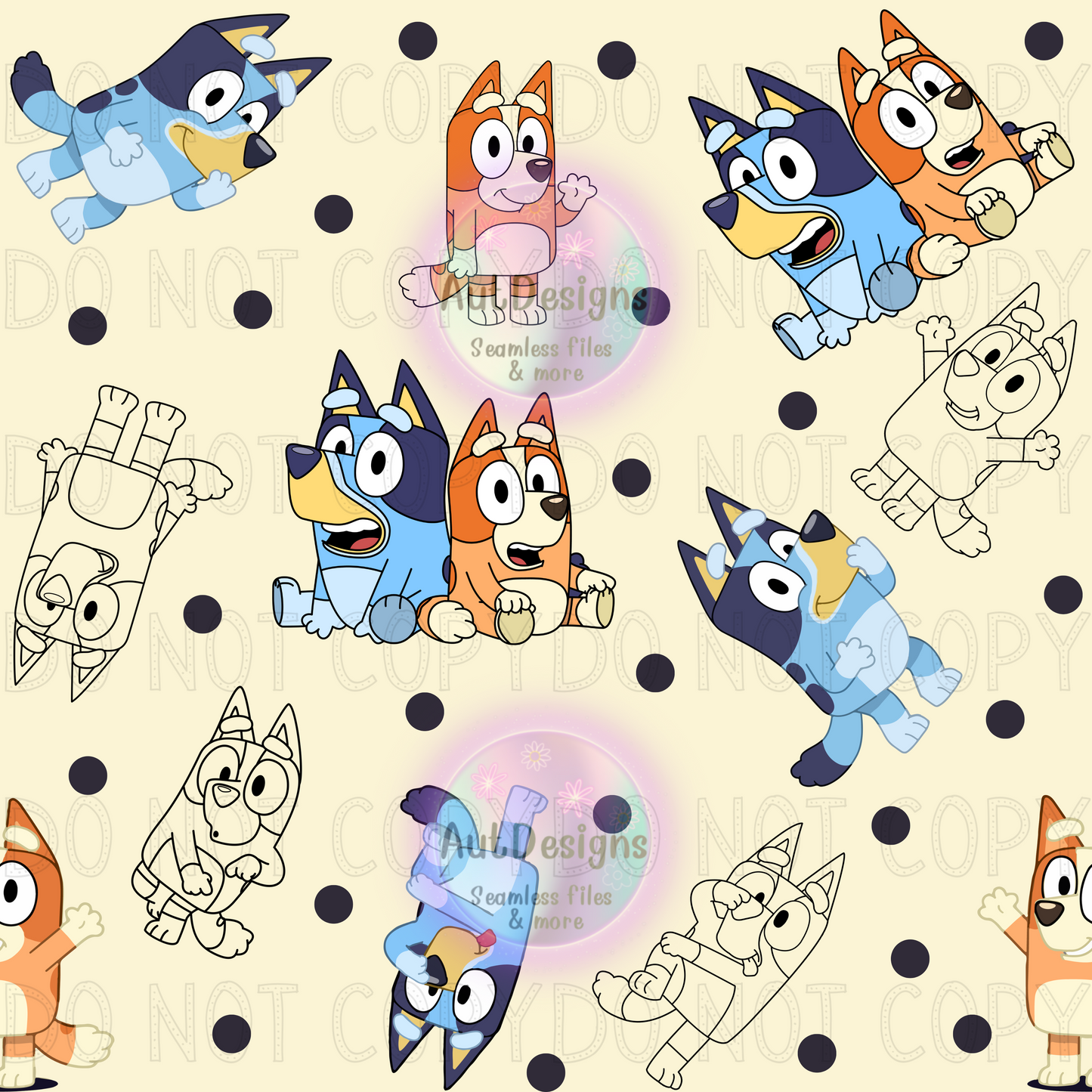 Blue Dog Orange Dog Seamless File 4 color options