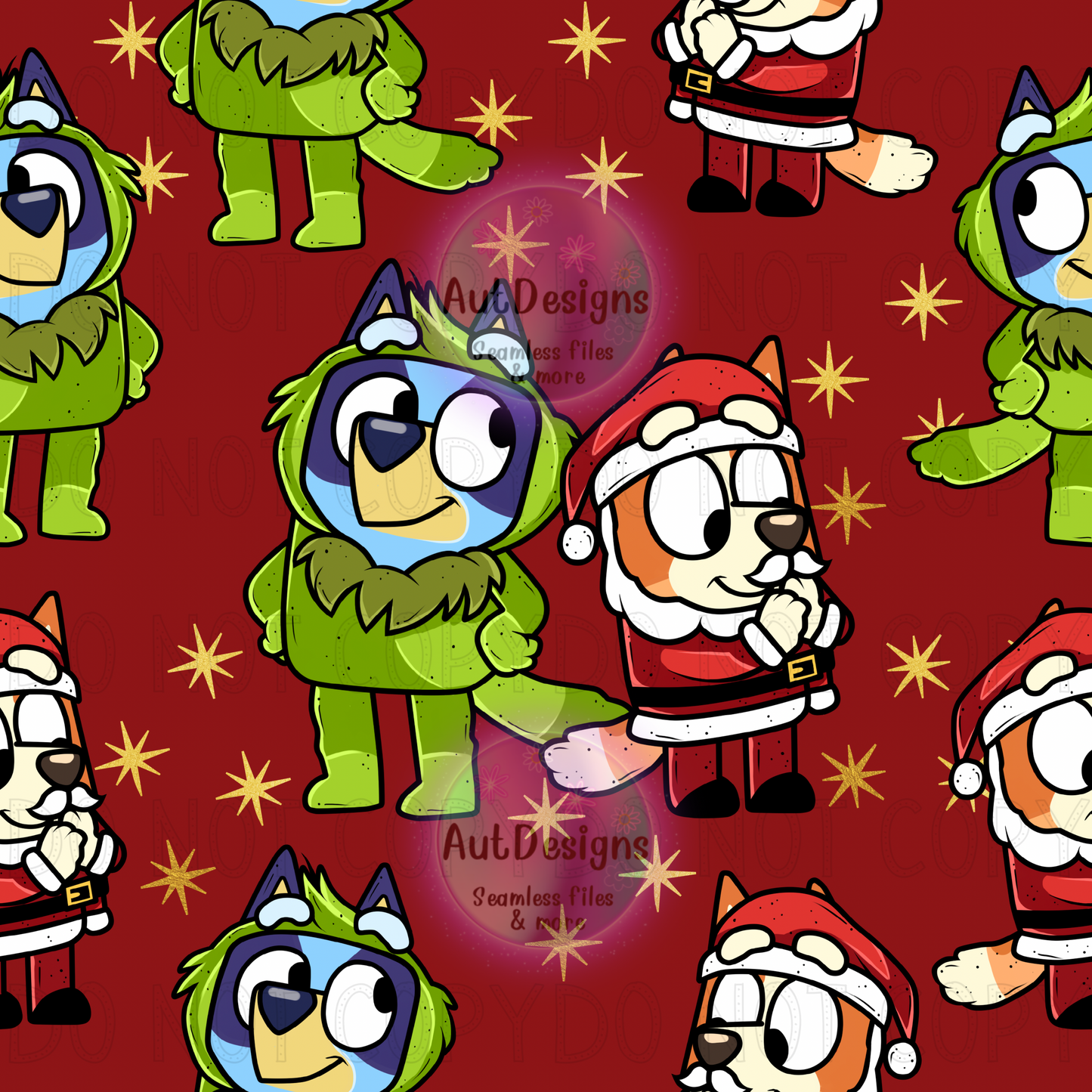 Blue Dog Christmas Characters Seamless File & PNG bundle option