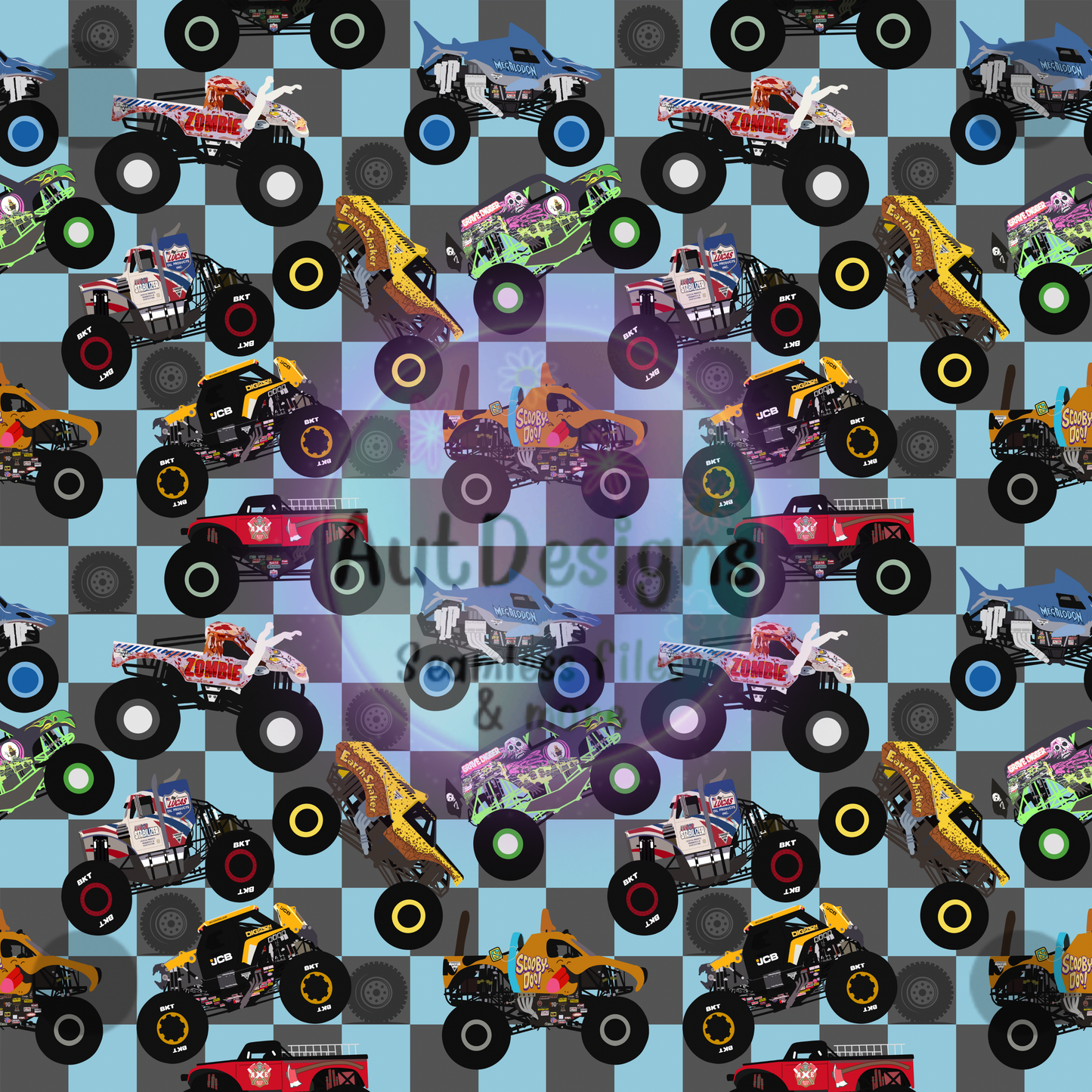 Checkered Monster Trucks Seamless File multiple color options