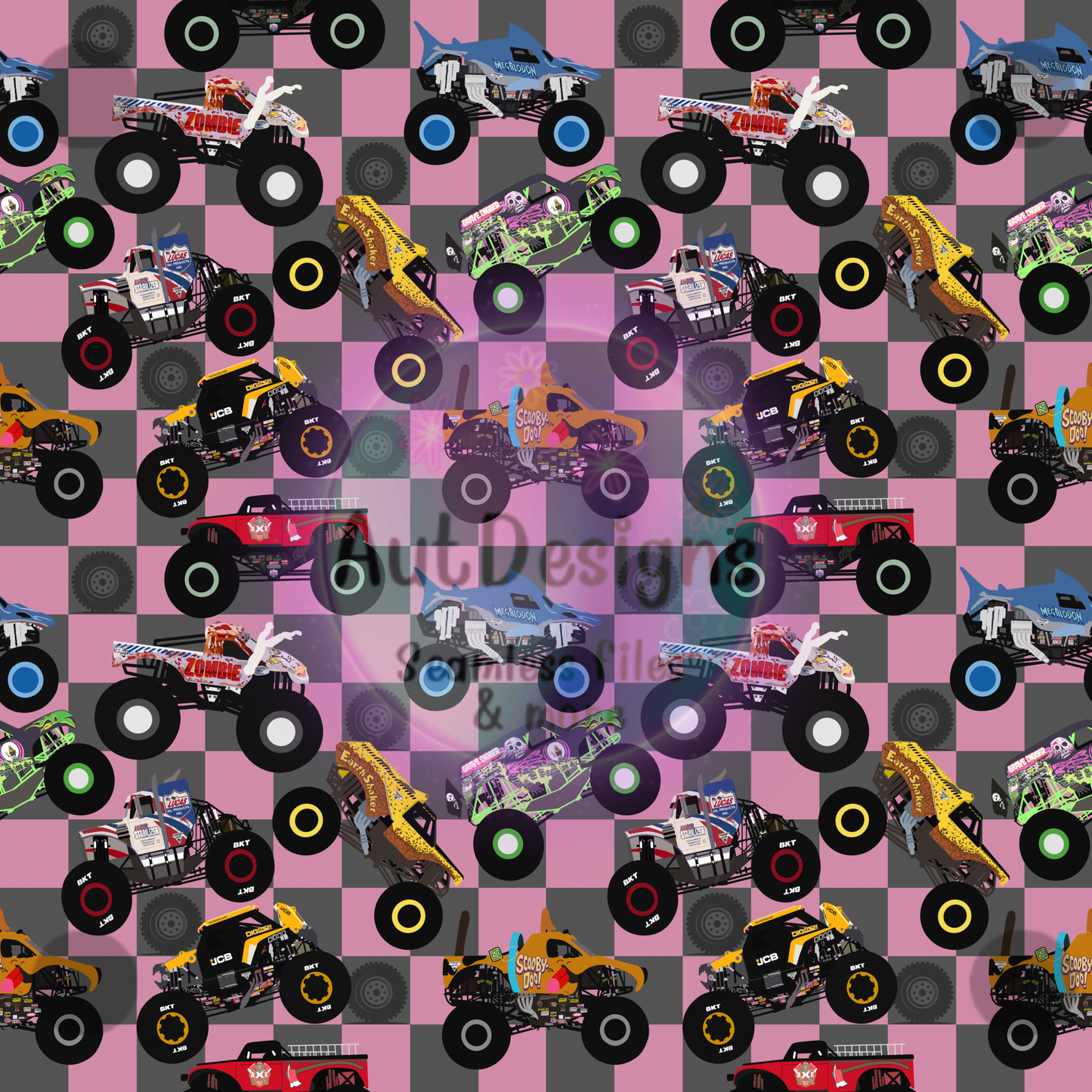 Checkered Monster Trucks Seamless File multiple color options