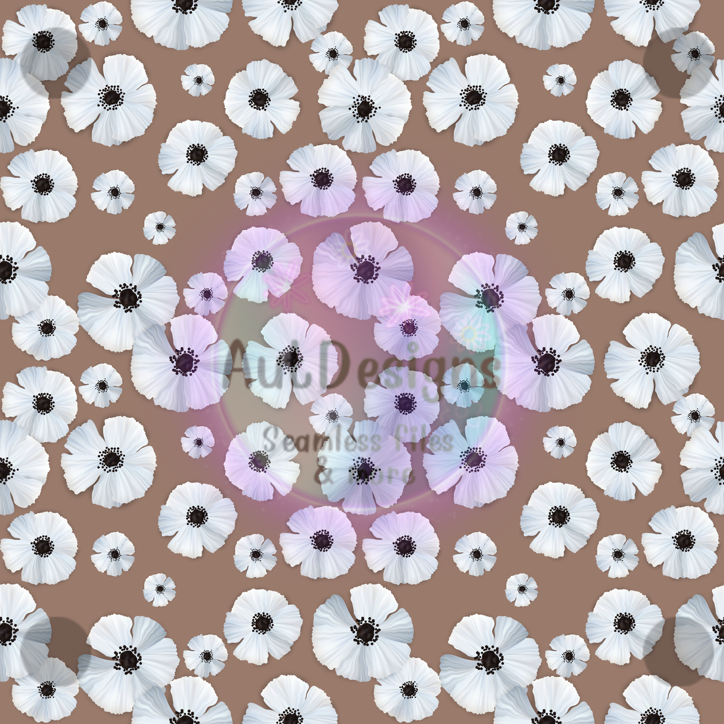 White Poppies on Brown Seamless File