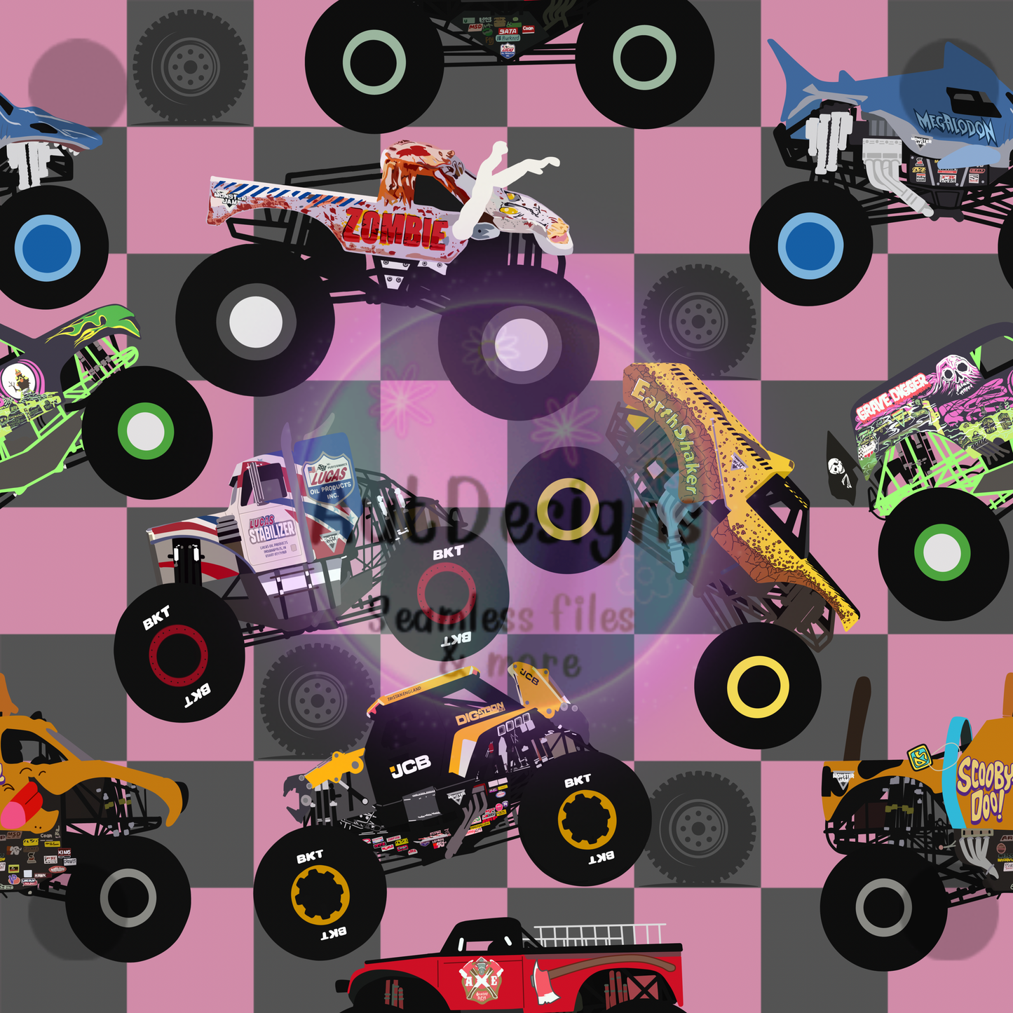 Checkered Monster Trucks Seamless File multiple color options