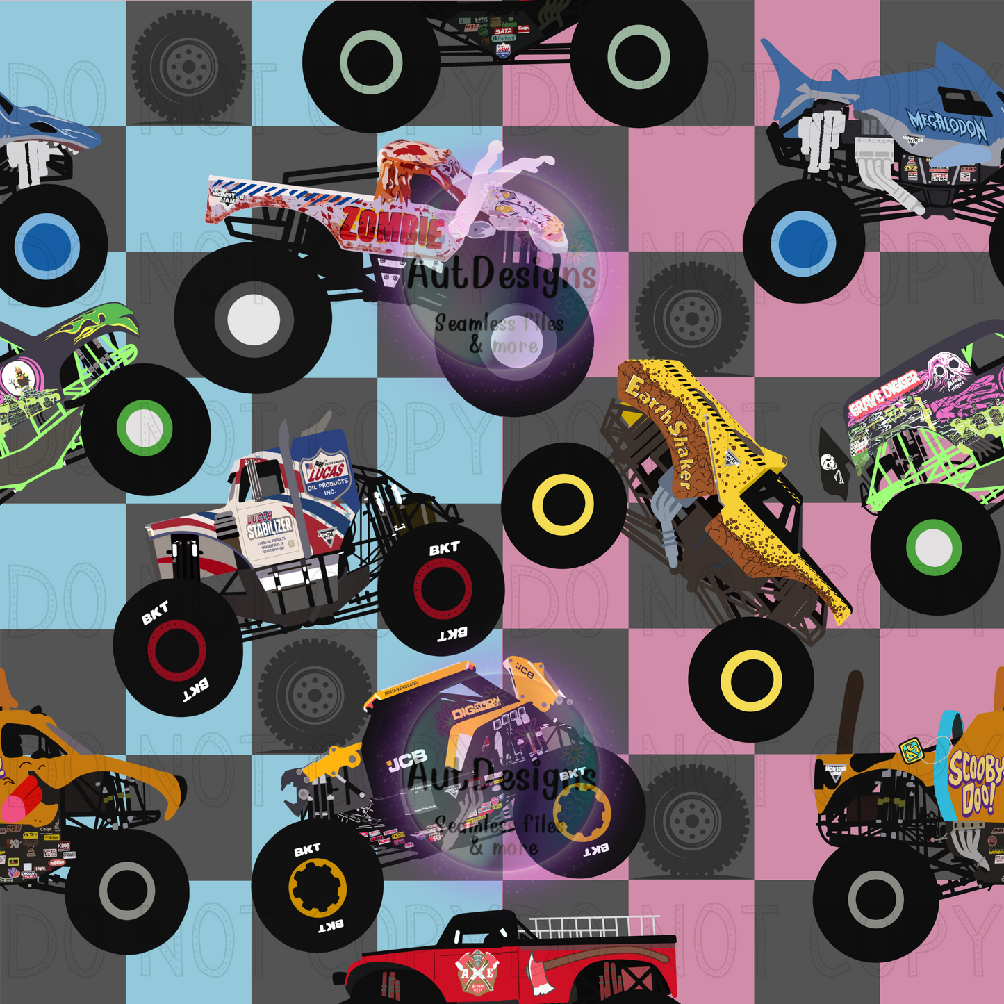 Checkered Monster Trucks Seamless File multiple color options