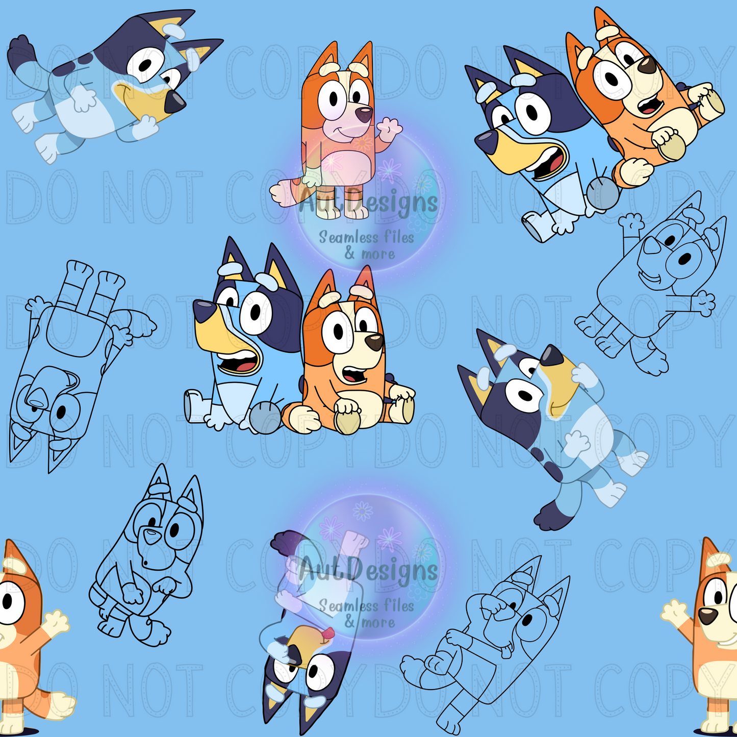 Blue Dog Orange Dog Seamless File 4 color options