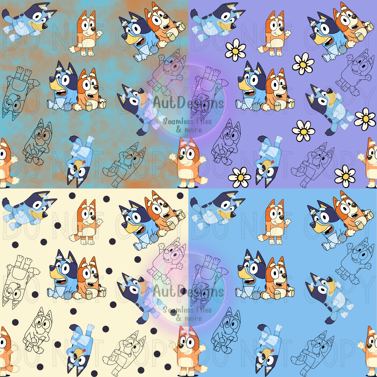 Blue Dog Orange Dog Seamless File 4 color options