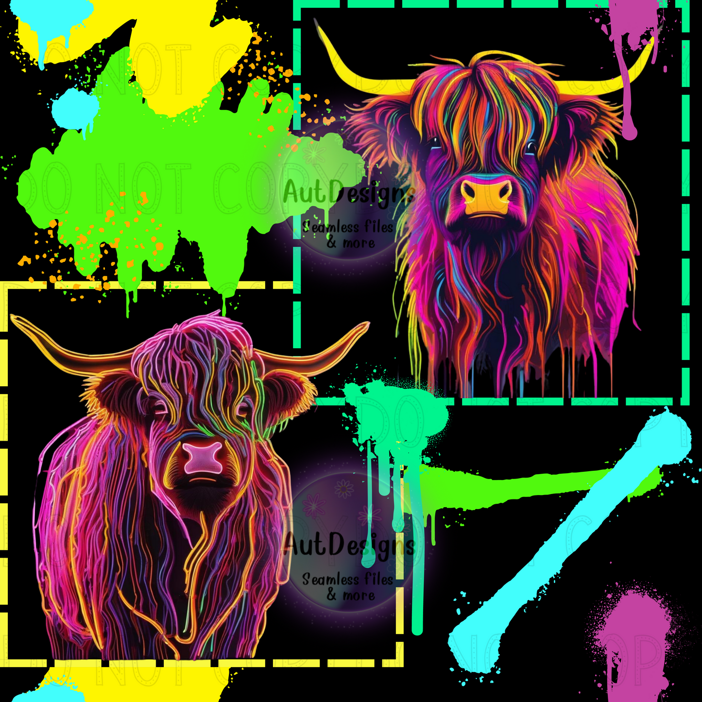 Neon Highland Cow Patchwork Seamless File