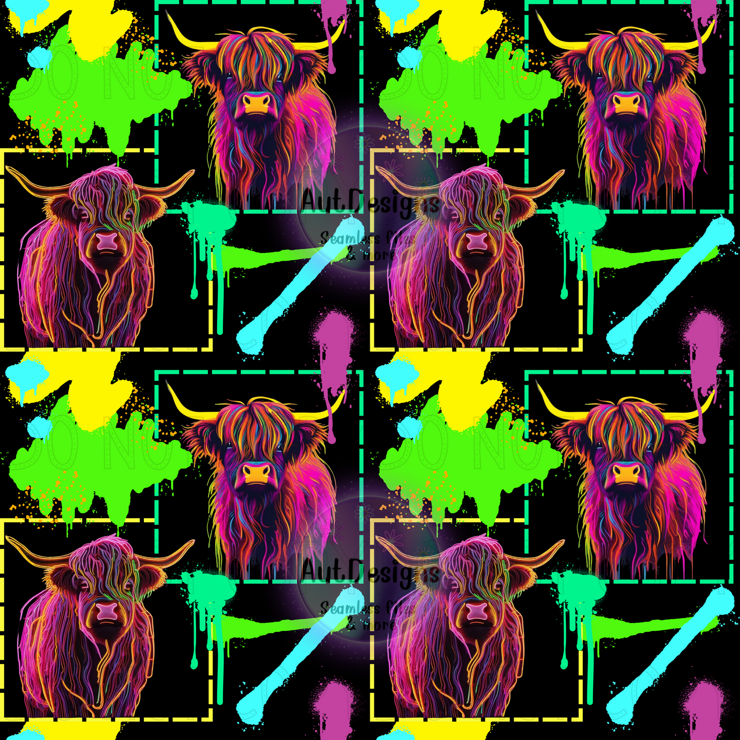 Neon Highland Cow Patchwork Seamless File