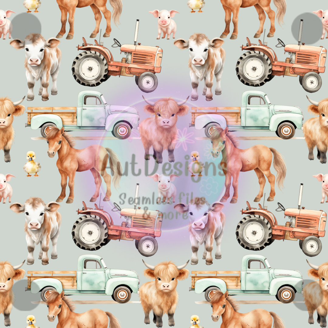 Farm Animals, Tractors & Trucks Seamless File