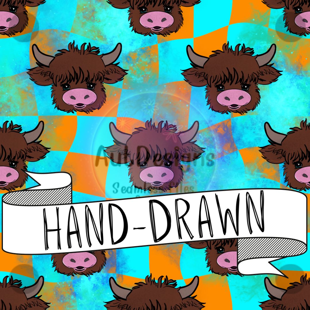 Hand-Drawn Highland Cow Checkers Seamleas File