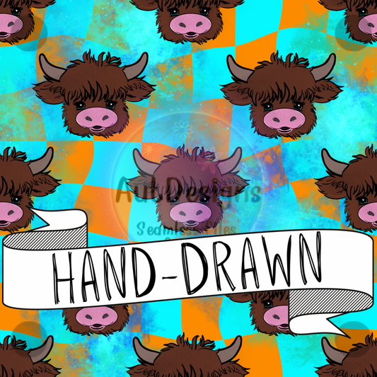 Hand-Drawn Highland Cow Checkers Seamleas File