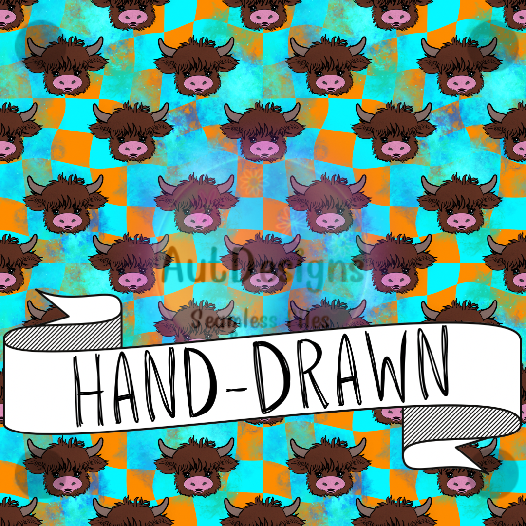 Hand-Drawn Highland Cow Checkers Seamleas File