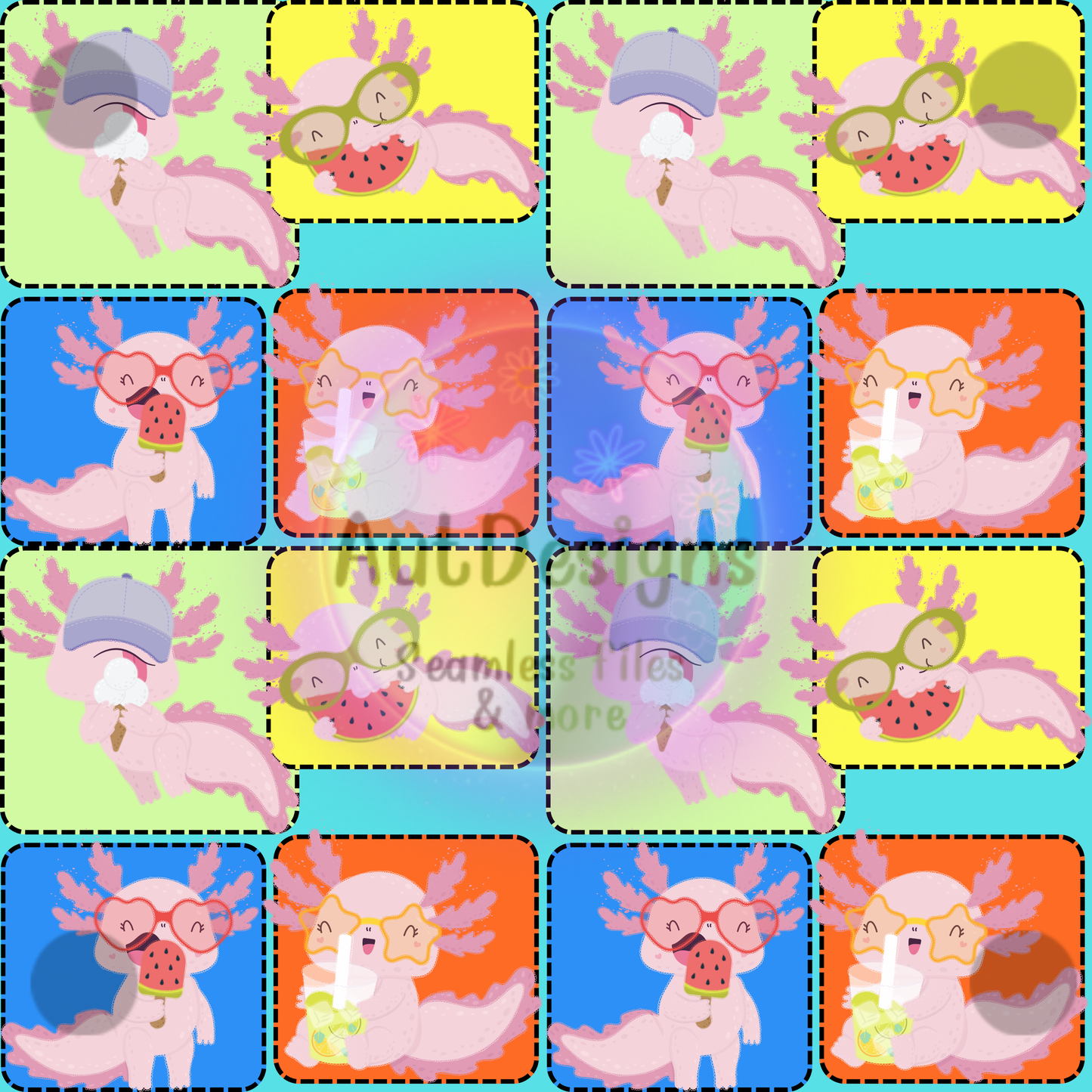 Axolotl Summer Neon Patch Work Seamless File