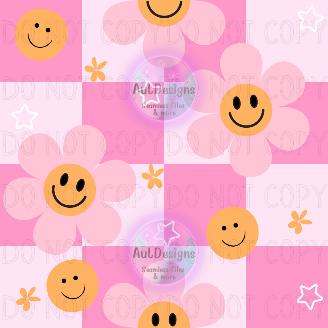 Girly Pink Flowers Smiley Checkers Seamless File