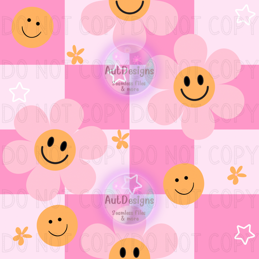 Girly Pink Flowers Smiley Checkers Seamless File