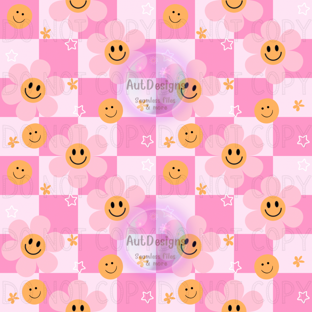 Girly Pink Flowers Smiley Checkers Seamless File